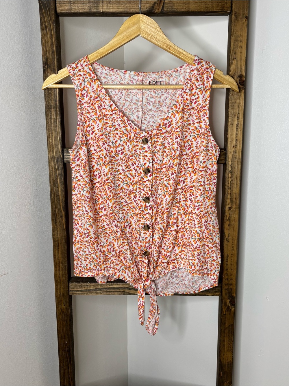 LOFT Pink and Orange Floral Button-Tie Sleeveless Top Size S